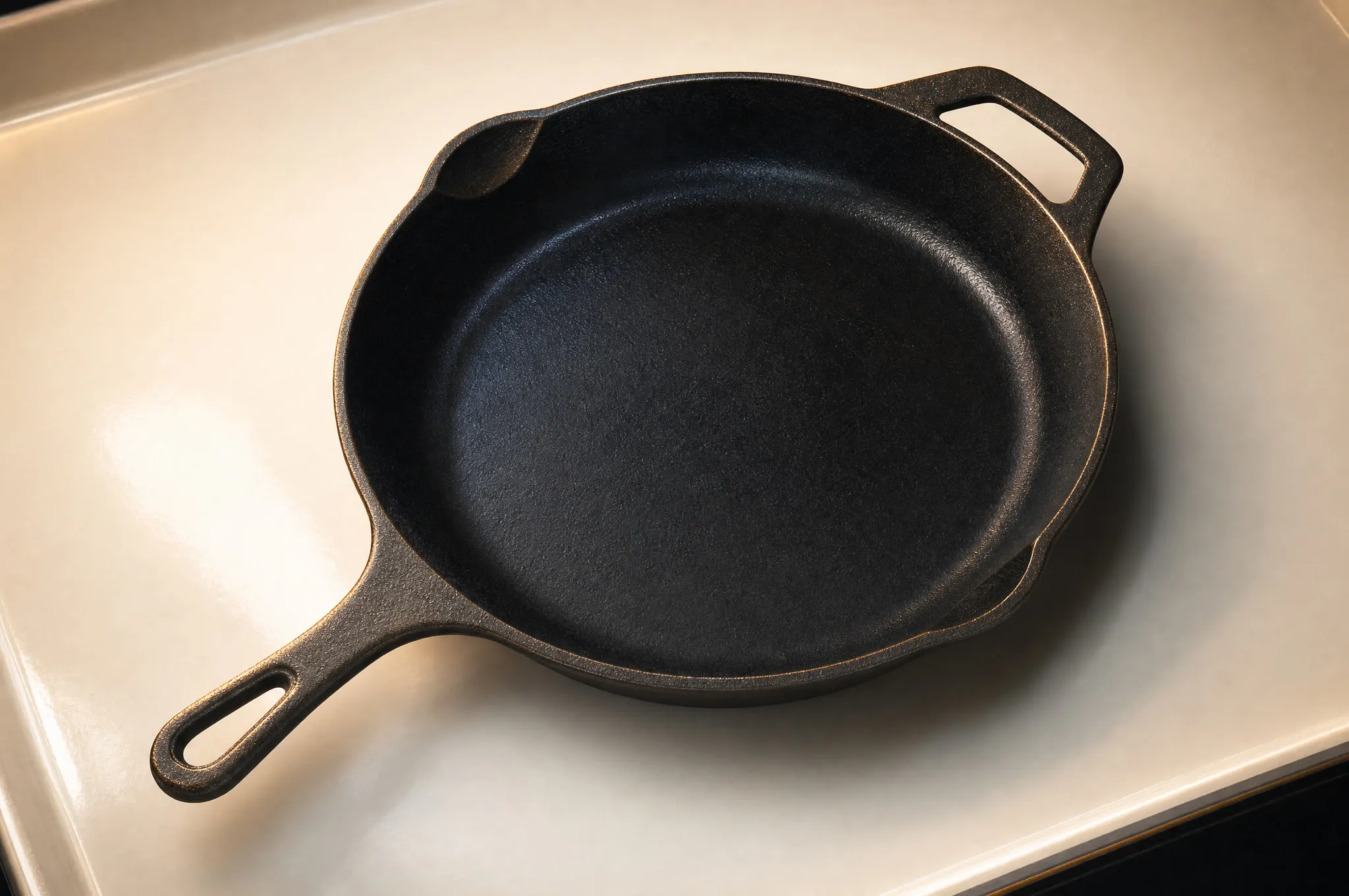 Classic cast iron skillet on a white enamel surface