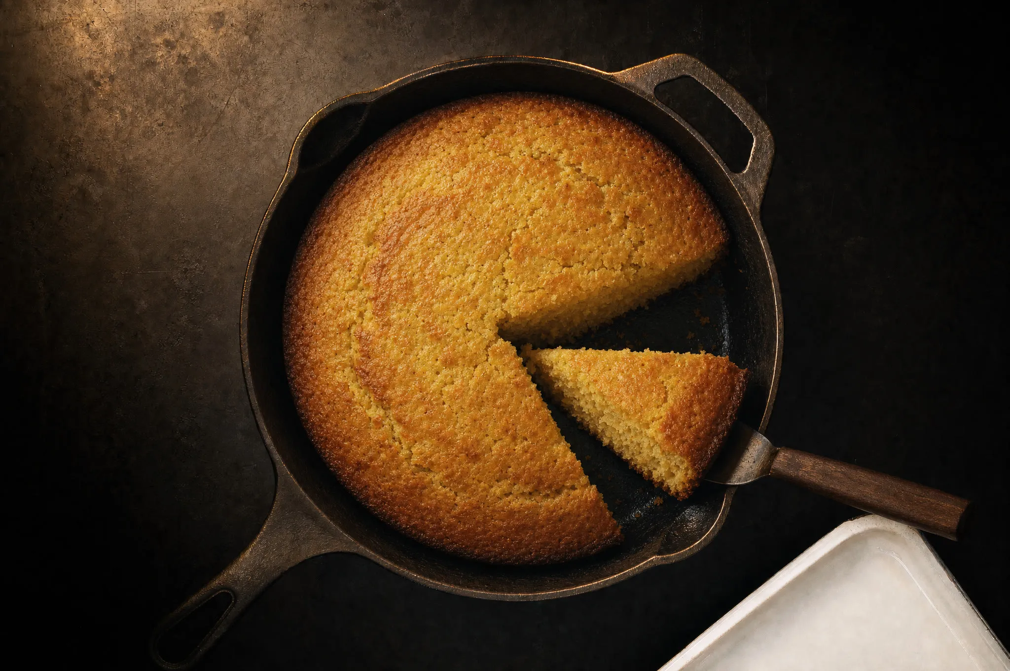 Golden cornbread in a cast iron skillet with one wedge lifted showing the crumb