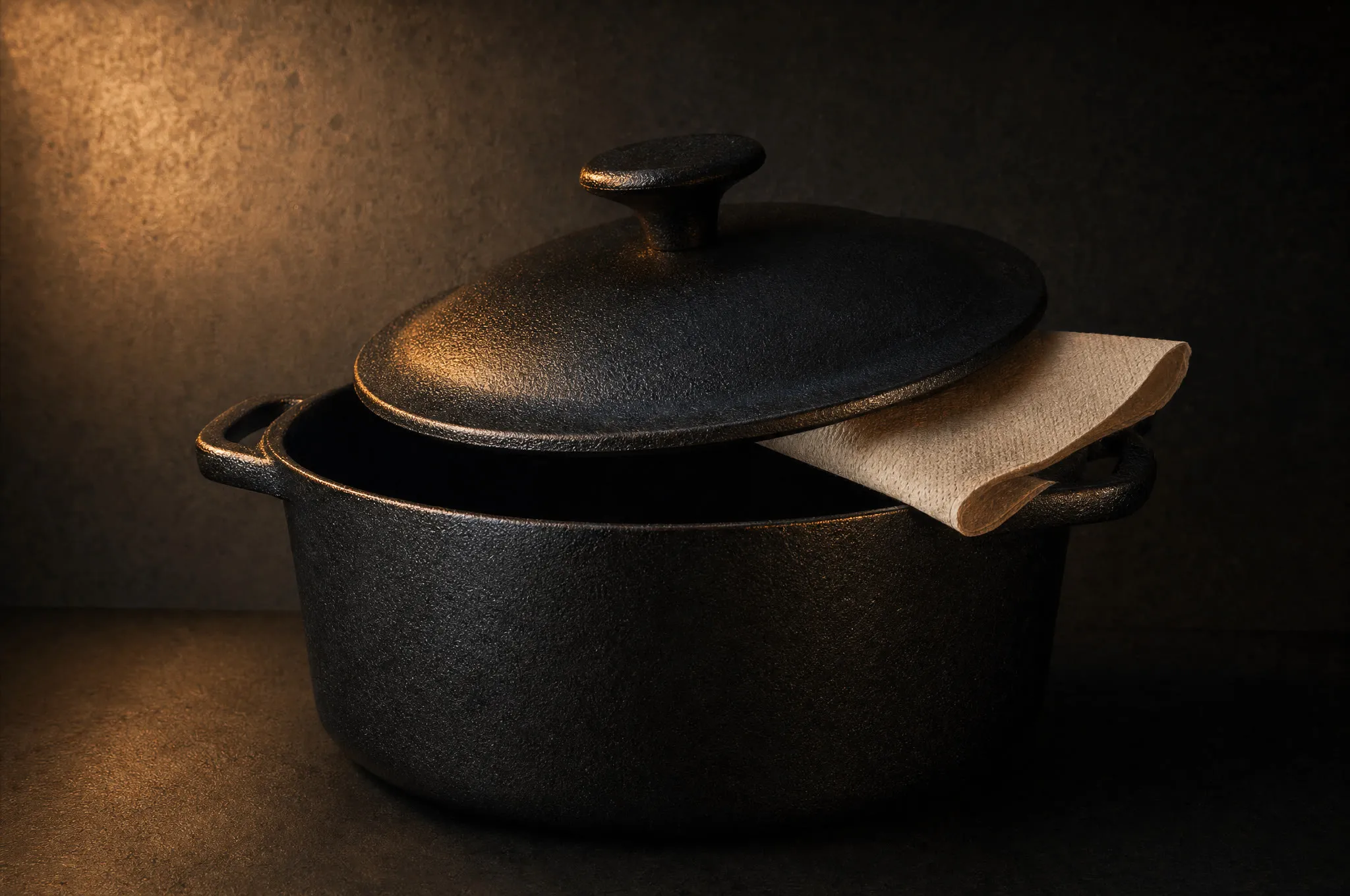 Cast iron dutch oven with its lid propped ajar by a folded paper towel
