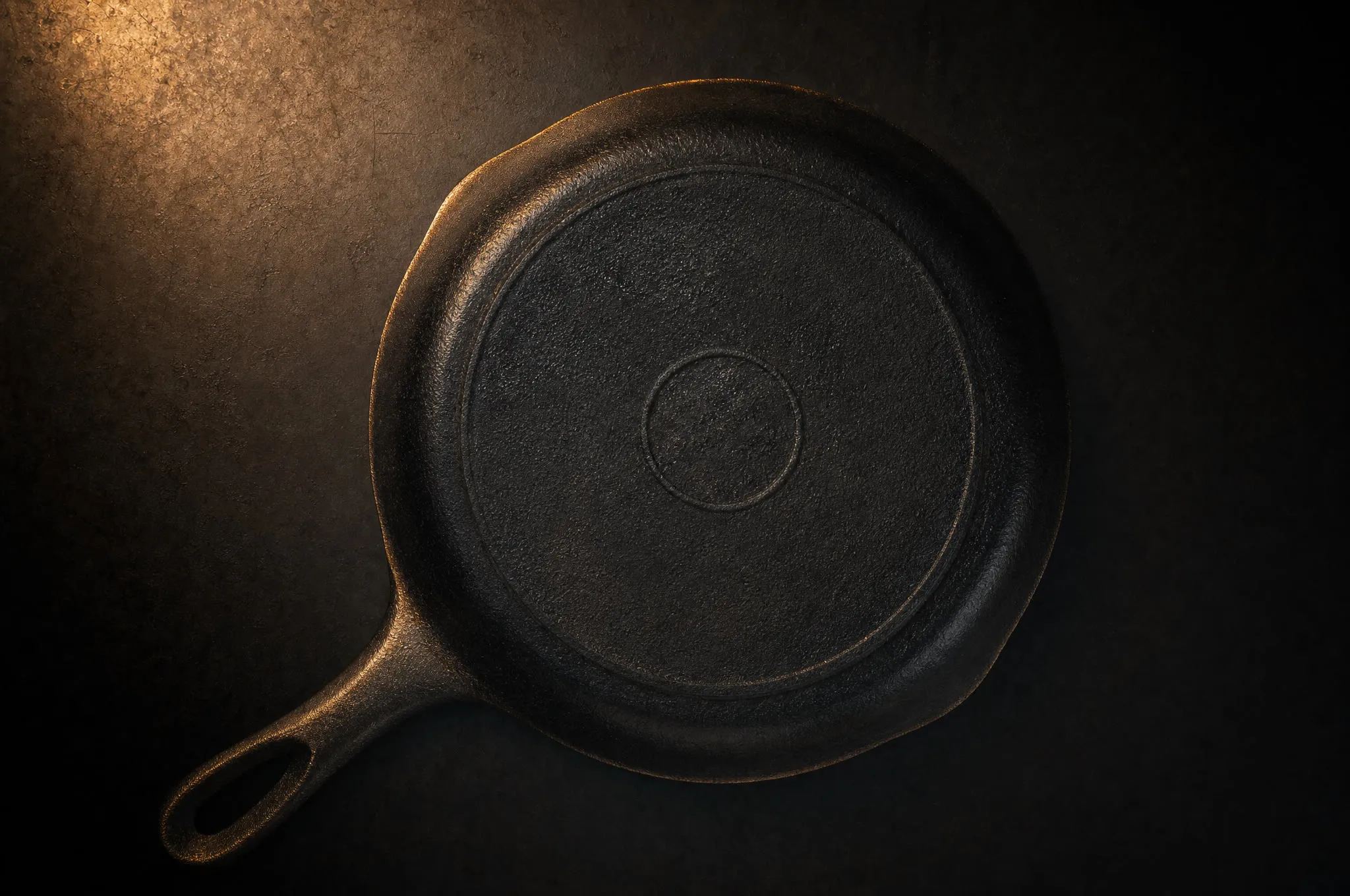 Underside of a vintage cast iron skillet with a circular makers mark in raking light