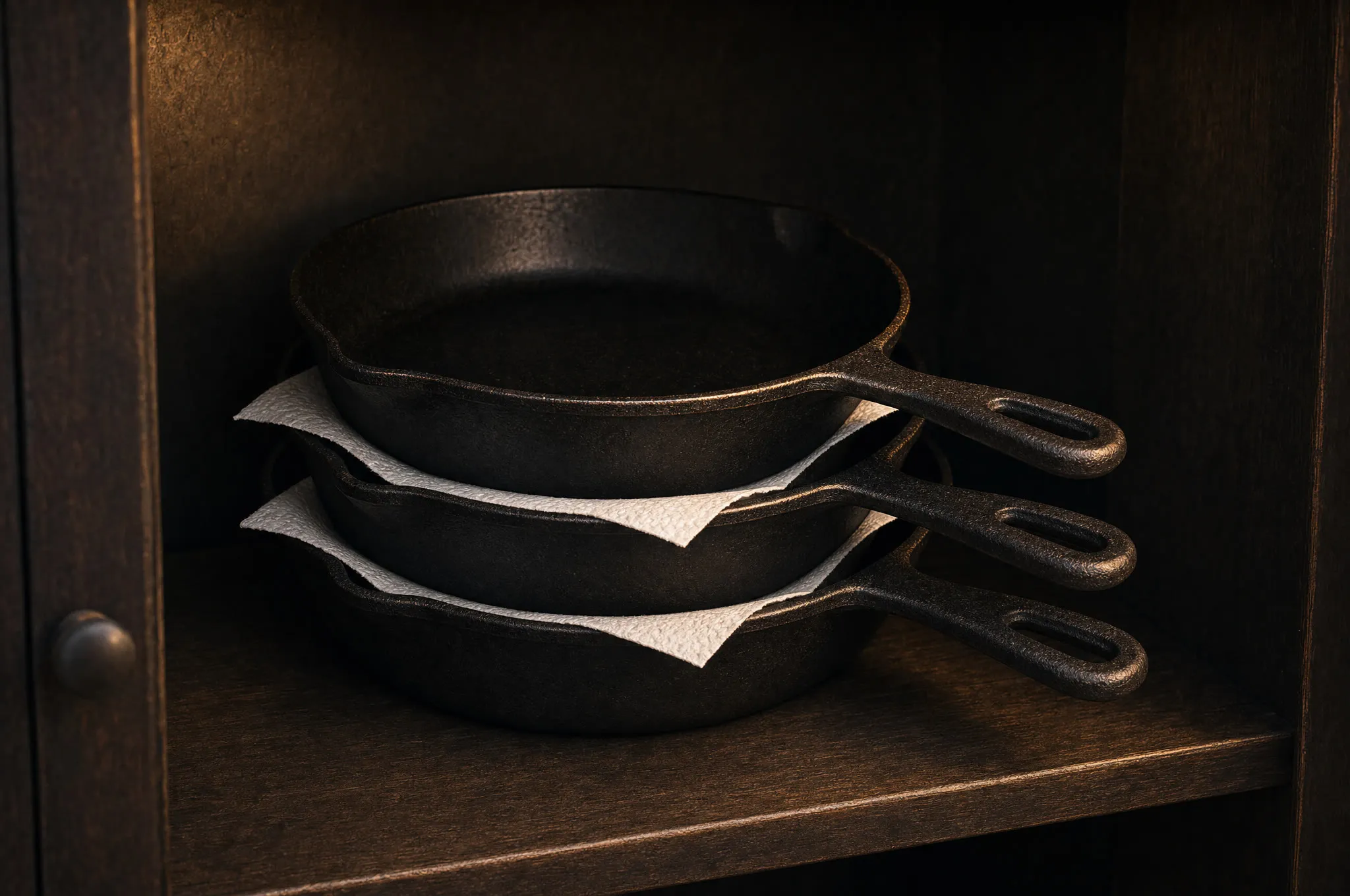 Stack of cast iron skillets with paper towels layered between them in a dark cabinet