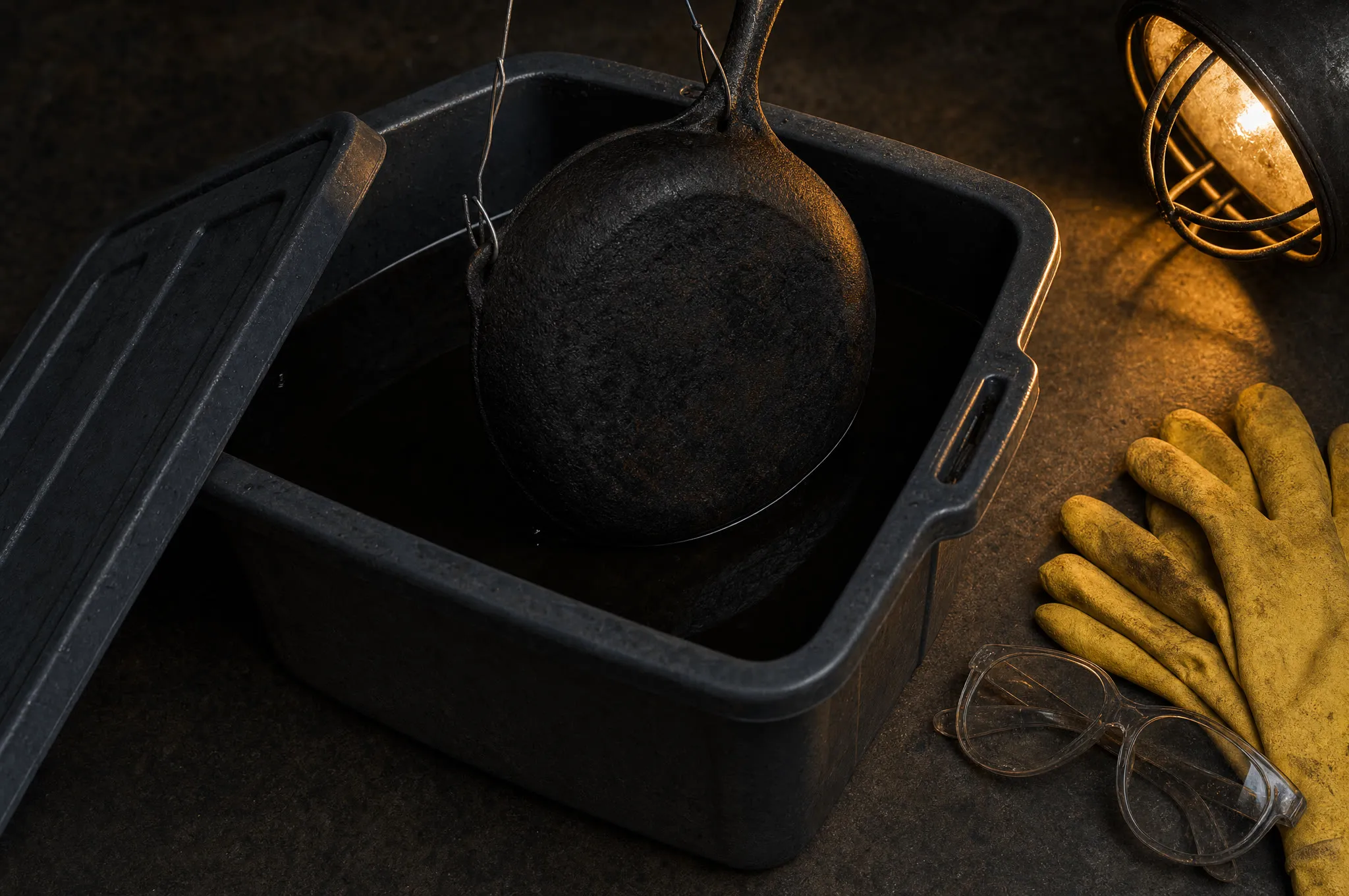 Crusted cast iron skillet suspended over a lidded lye bath tote, rubber gloves and goggles on the bench