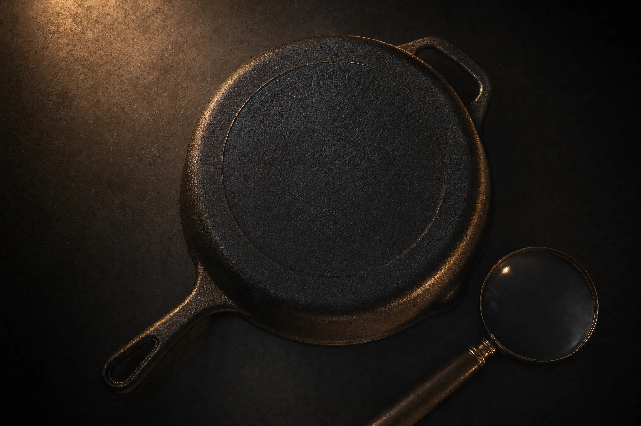 Underside of an old smooth cast iron skillet with faint arced lettering and a magnifying glass beside it